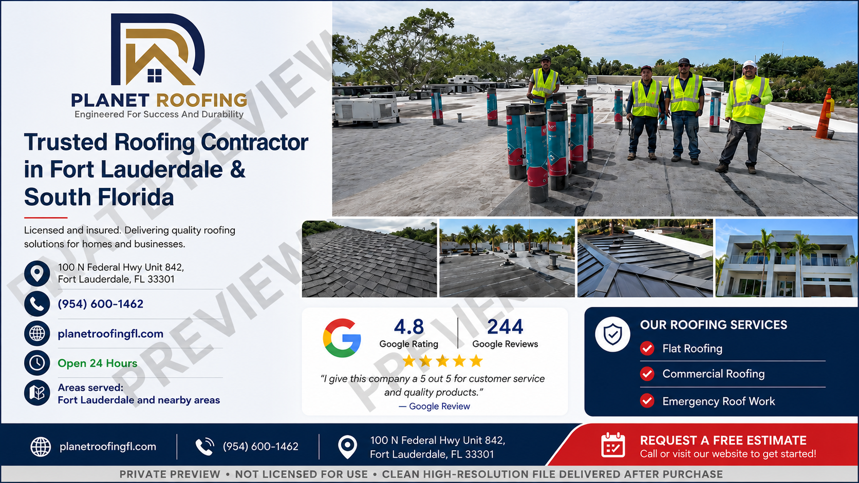Private Planet Roofing Credibility Visual preview featuring the company logo, roofing project photographs, a 4.8 Google rating, 244 reviews, Fort Lauderdale contact information, and roofing services.