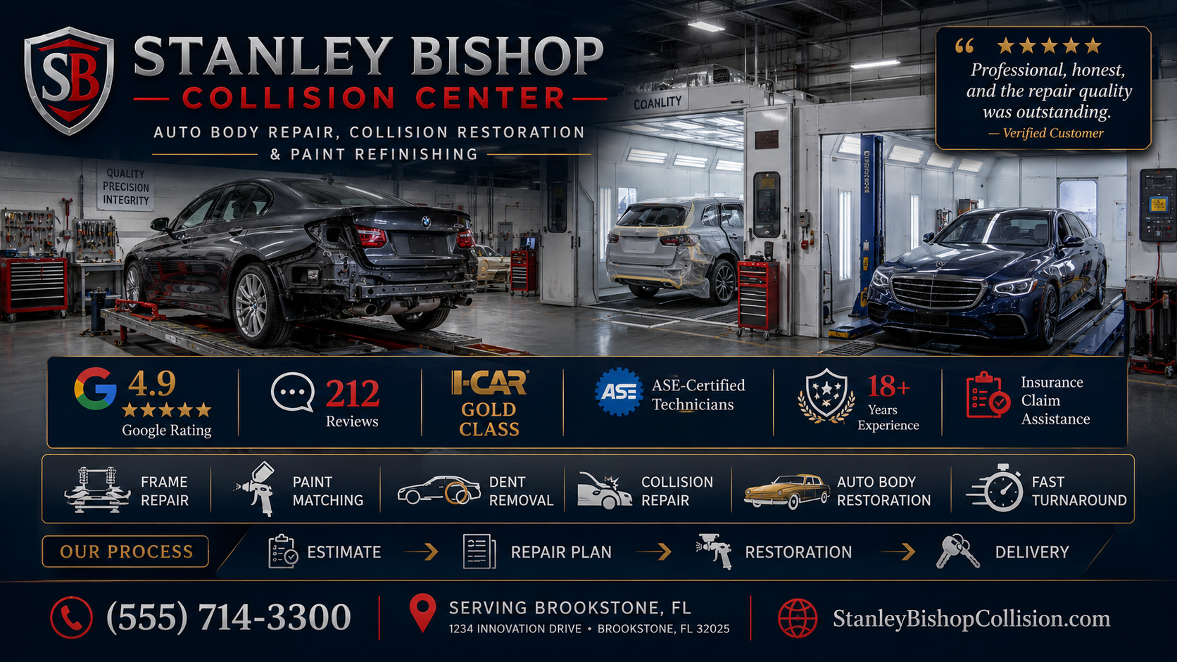 Fictional auto body shop Credibility Visual for Stanley Bishop Collision Center highlighting a 4.9 Google rating, 212 reviews, I-CAR Gold Class recognition, ASE-certified technicians, 18-plus years of experience, collision repair, frame repair, paint matching, and insurance claim assistance.