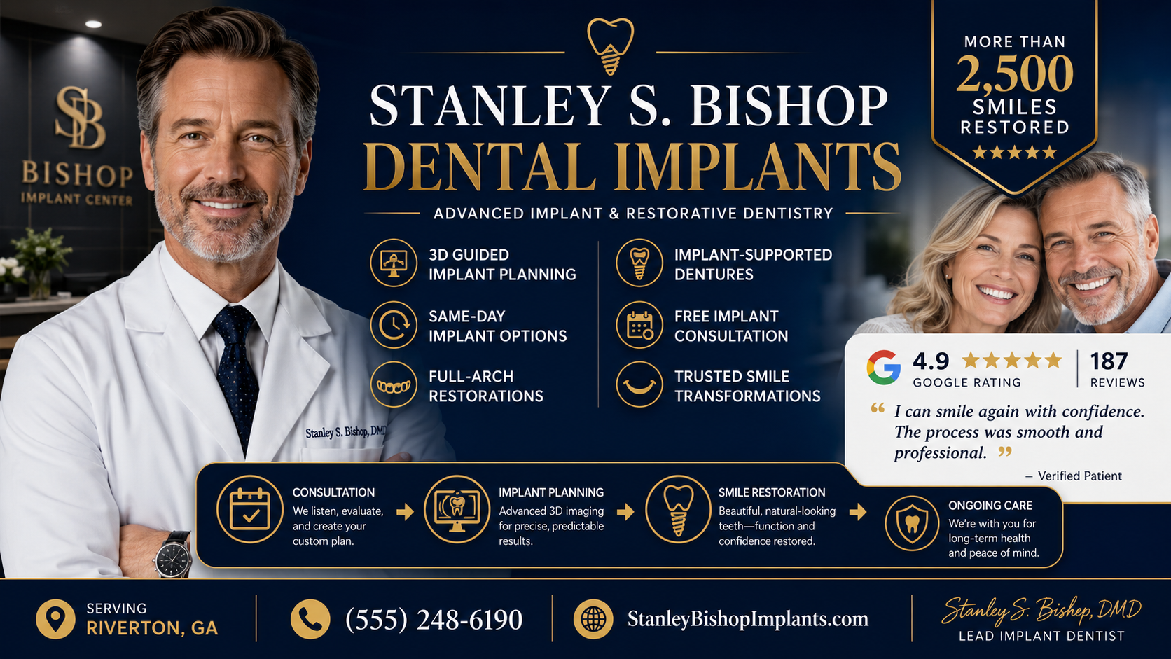 Fictional dental implant specialist Stanley S. Bishop, D.M.D., featured in a Credibility Visual highlighting a 4.9 Google rating, 187 reviews, more than 2,500 restored smiles, advanced implant planning, full-arch restorations, and implant-supported dentures.
