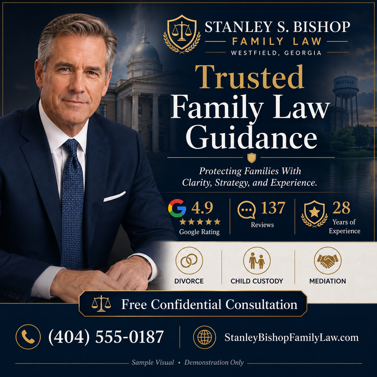 Fictional Stanley S. Bishop Family Law square Credibility Visual featuring a 4.9 Google rating, 137 reviews, 28 years of experience, divorce, child custody, mediation, and a free confidential consultation.