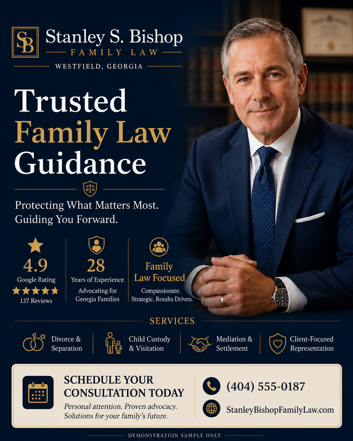 Fictional Stanley S. Bishop Family Law 4:5 Credibility Visual featuring a 4.9 Google rating, 137 reviews, 28 years of experience, divorce, child custody, mediation, and client-focused representation.