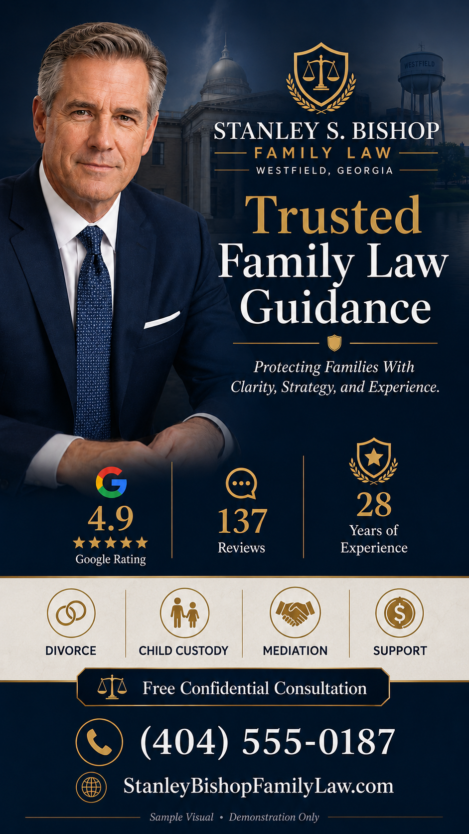 Fictional Stanley S. Bishop Family Law 9:16 vertical Credibility Visual featuring a 4.9 Google rating, 137 reviews, 28 years of experience, divorce, child custody, mediation, and a free confidential consultation.