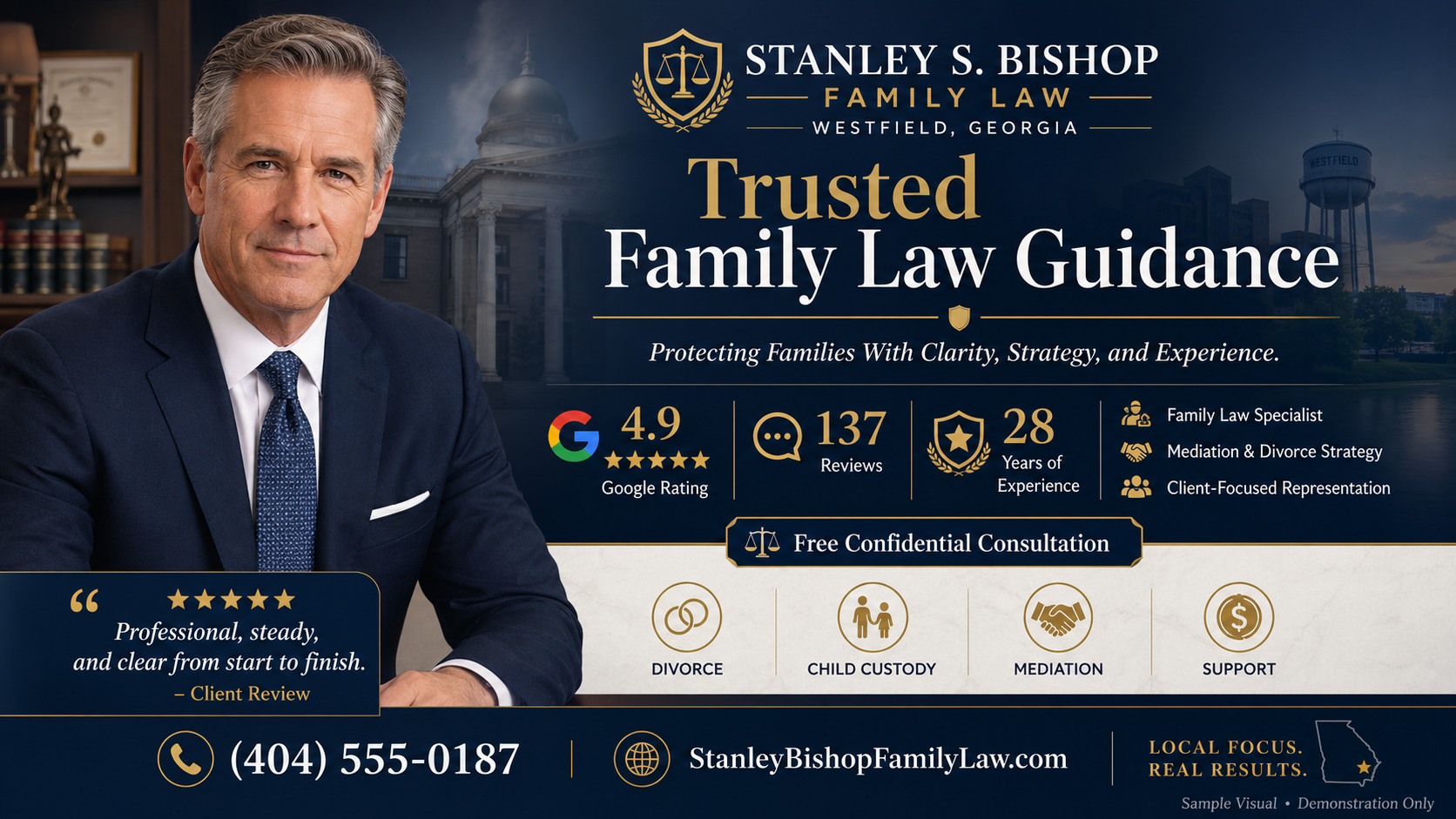 Fictional Stanley S. Bishop Family Law landscape Credibility Visual featuring a 4.9 Google rating, 137 reviews, 28 years of experience, divorce, child custody, mediation, and a free confidential consultation.