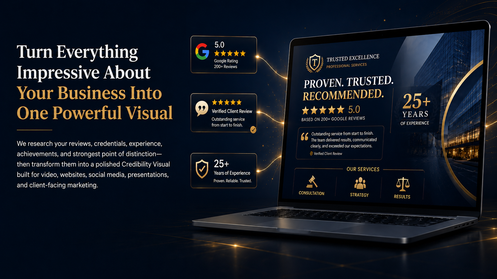 Credibility Visual homepage hero showing business reviews, experience, client